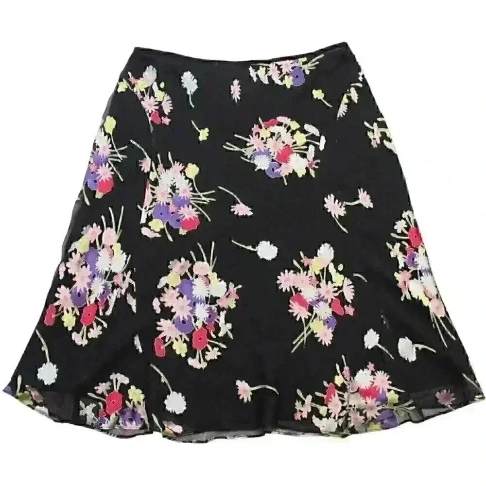 Vintage 90s Y2K Womens Size 14 Multicolor Silk Blend Floral Ruffle Flutter Skirt